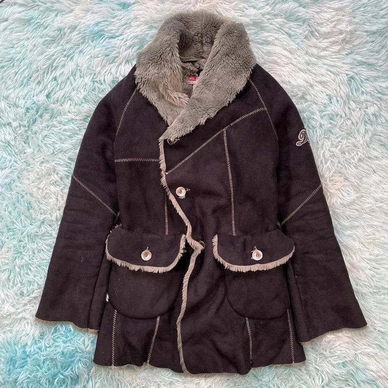 Vintage Black Diesel Faux Suede Fur Jacket - Large