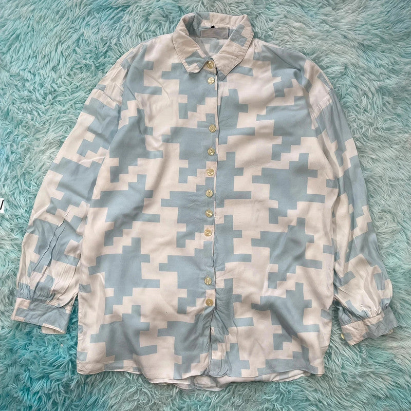 Vintage 90s Blue & White Dogtooth Funky Silk Shirt - XL