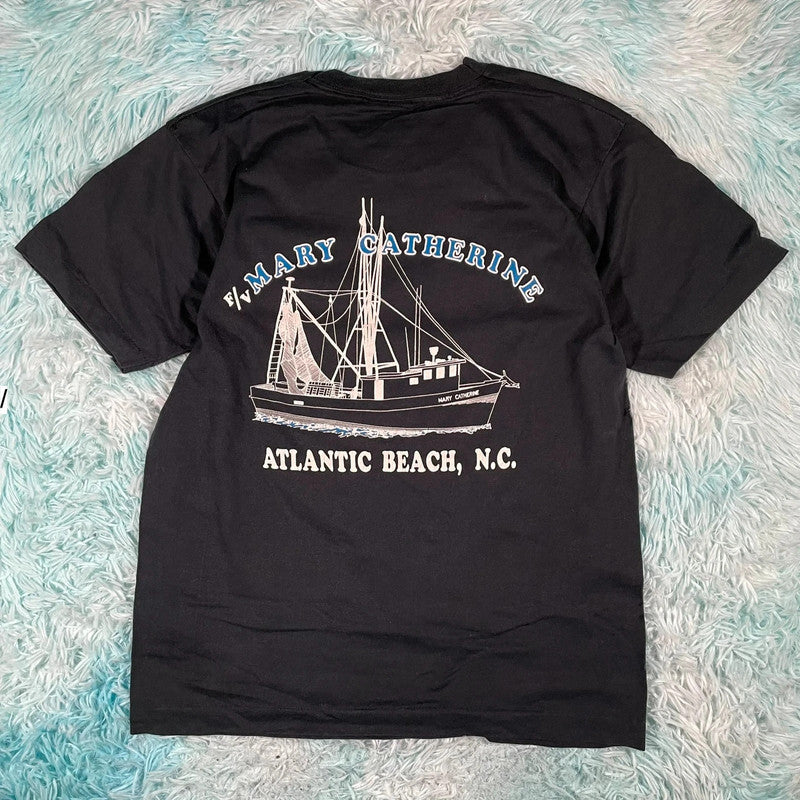 Vintage 90s Black Atlantic Beach Graphic Sailing T Shirt - Large