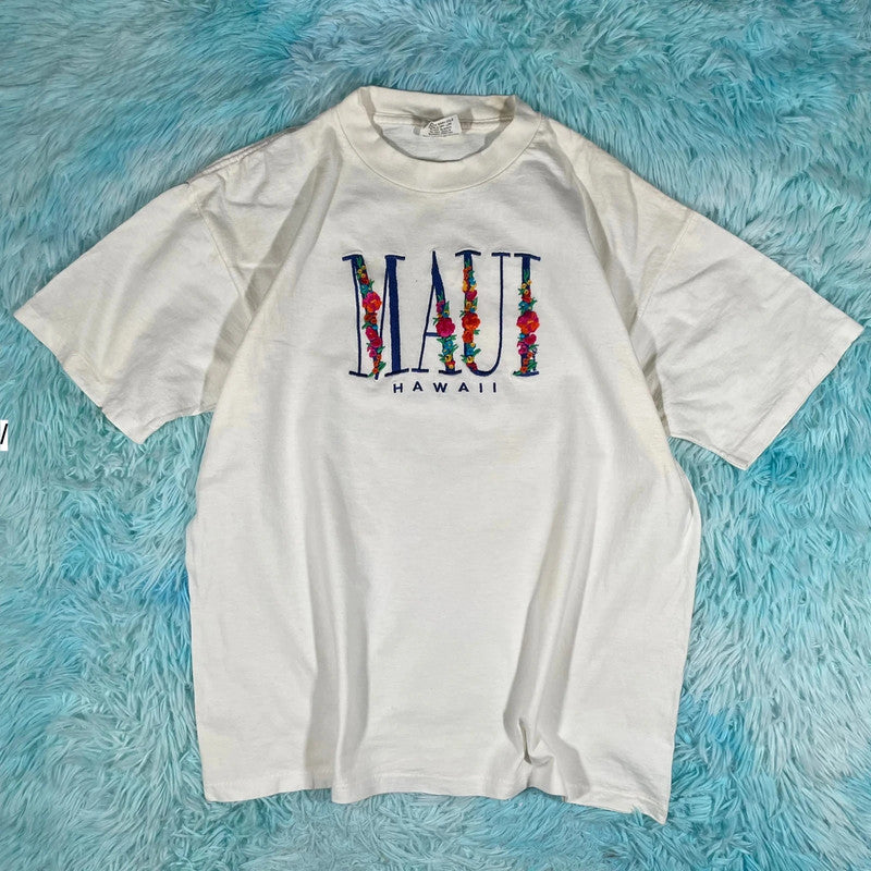 Vintage 90s White Maui Embroidered T Shirt - Large