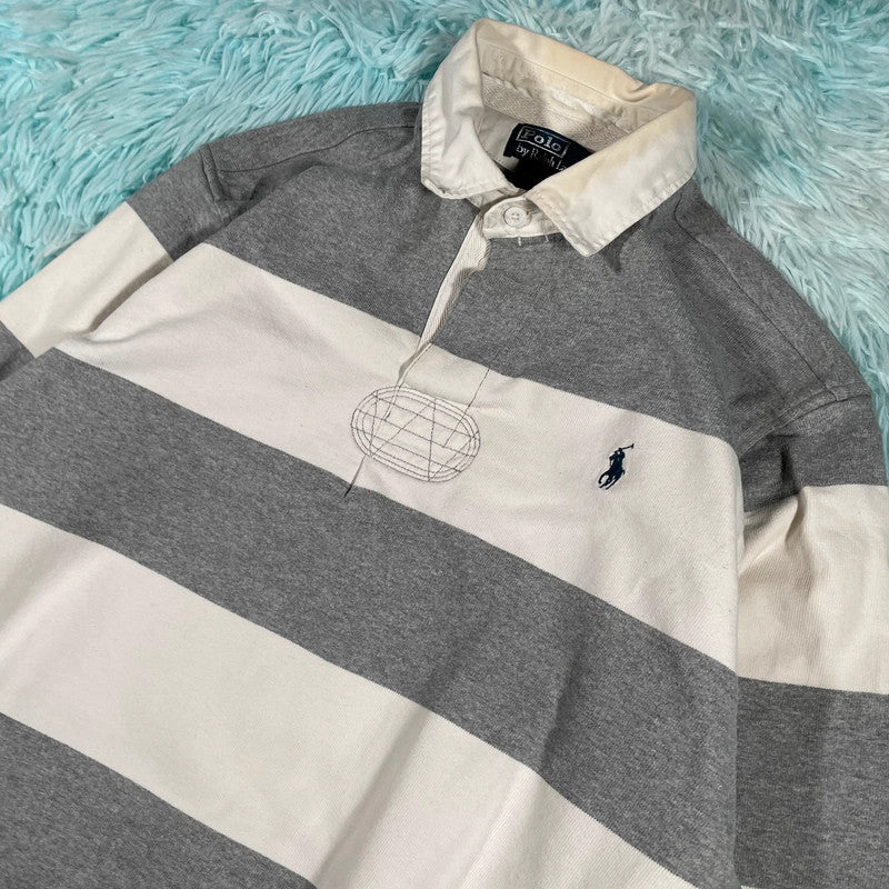 Vintage 90s Grey & White Polo Ralph Lauren Rugby Shirt - Large