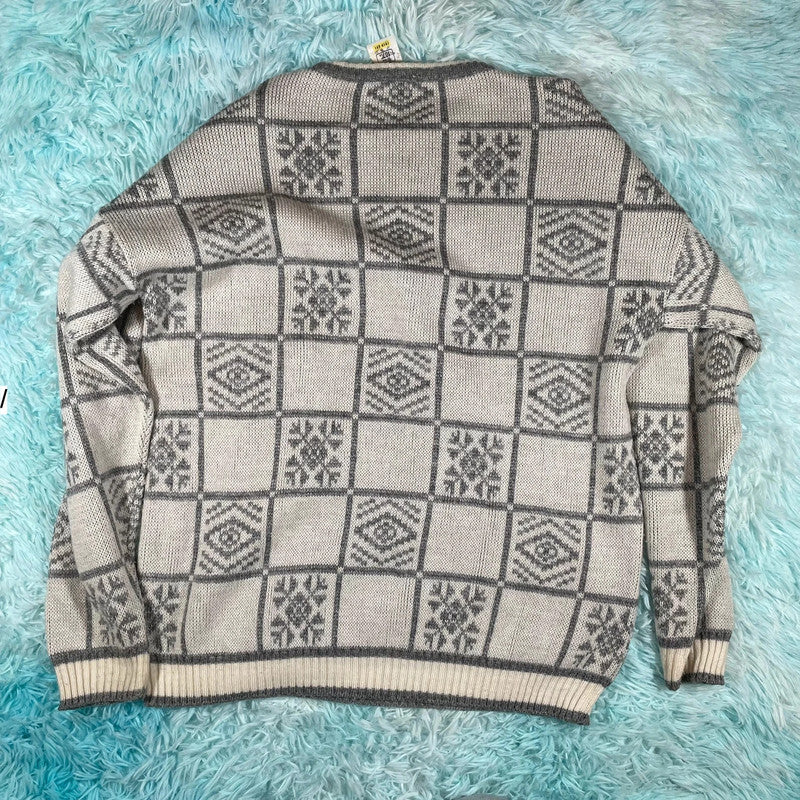 Vintage 90s Grey & Cream Grunge Patterned Knitted Jumper - Large