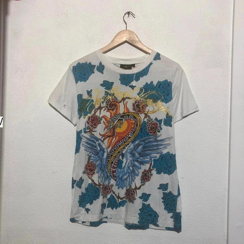 Vintage 00s White & Blue Christian Audiger T Shirt Bedazzled Snake Print - Medium