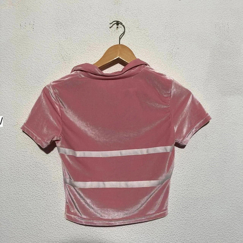 Vintage Y2K Pink Velour Collard Crop Top - Small