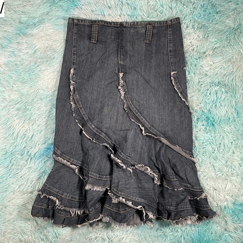 Vintage 00s Denim Pleated Skirt Ruffled - Size 10