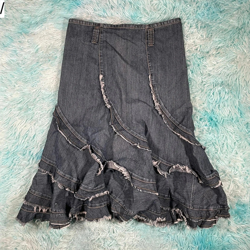 Vintage 00s Denim Pleated Skirt Ruffled - Size 10