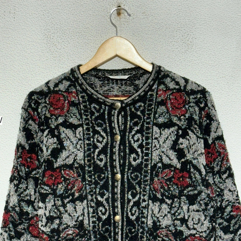 Vintage 80s Black Floral Patterned Knitted Cardigan