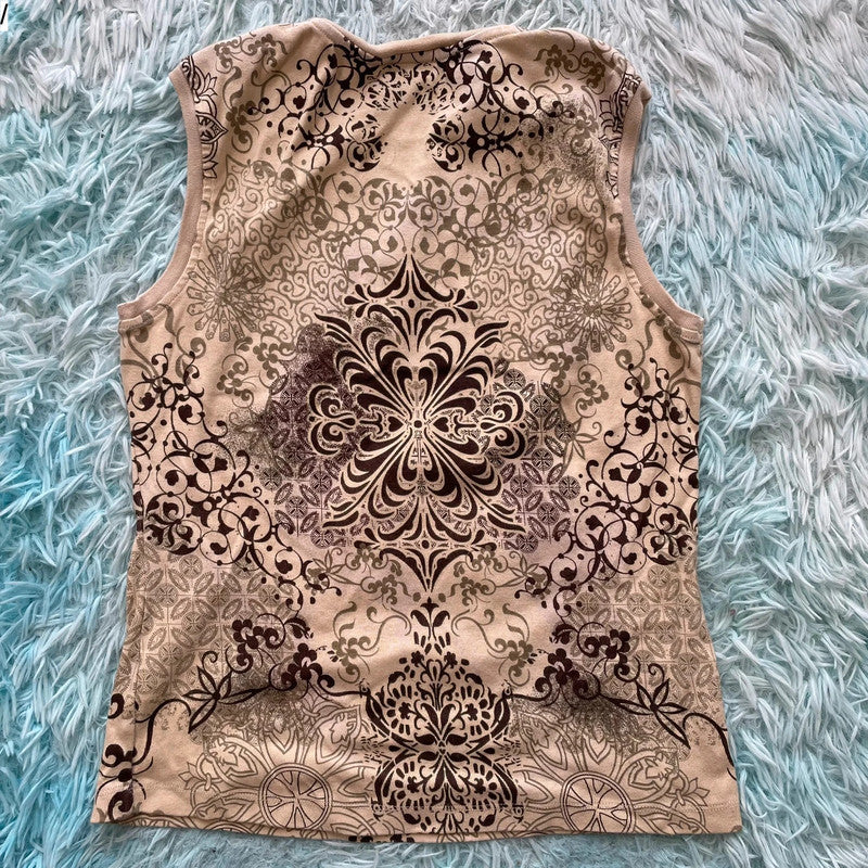 Vintage Y2K beige Patterned Tank Top Next - UK12