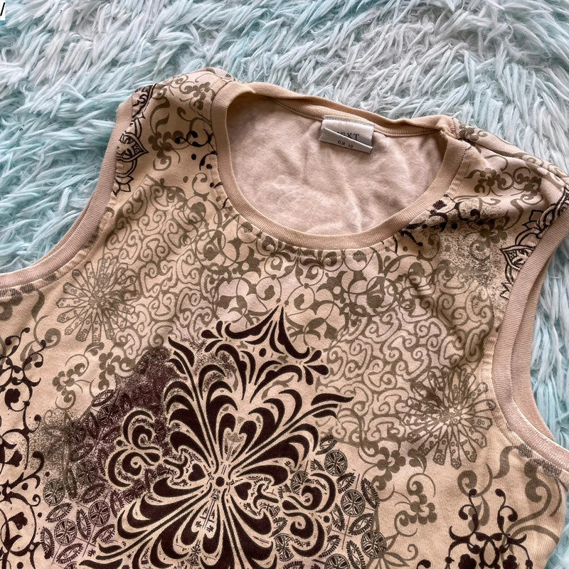 Vintage Y2K beige Patterned Tank Top Next - UK12