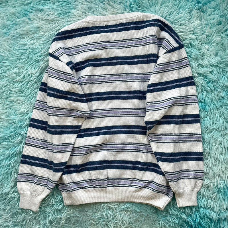 White & Navy Striped Yardsale Knitted Jumper - Large