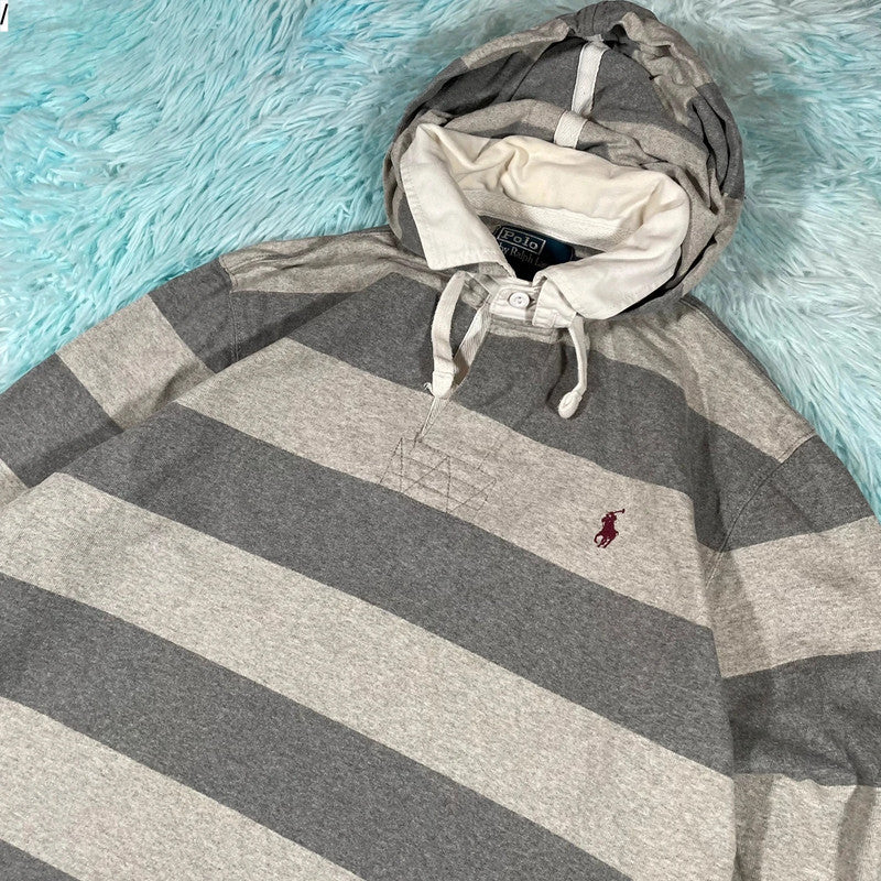 Vintage Grey Striped Polo Ralph Lauren Hooded Rugby Shirt - Large