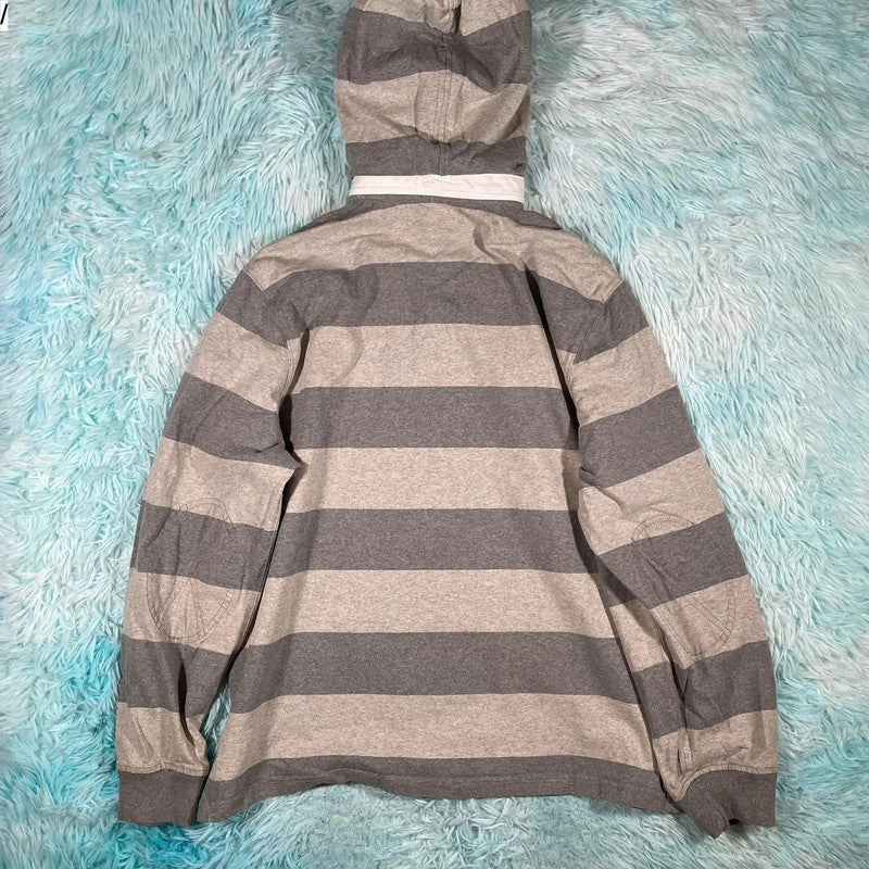 Vintage Grey Striped Polo Ralph Lauren Hooded Rugby Shirt - Large