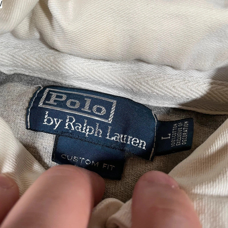 Vintage Grey Striped Polo Ralph Lauren Hooded Rugby Shirt - Large