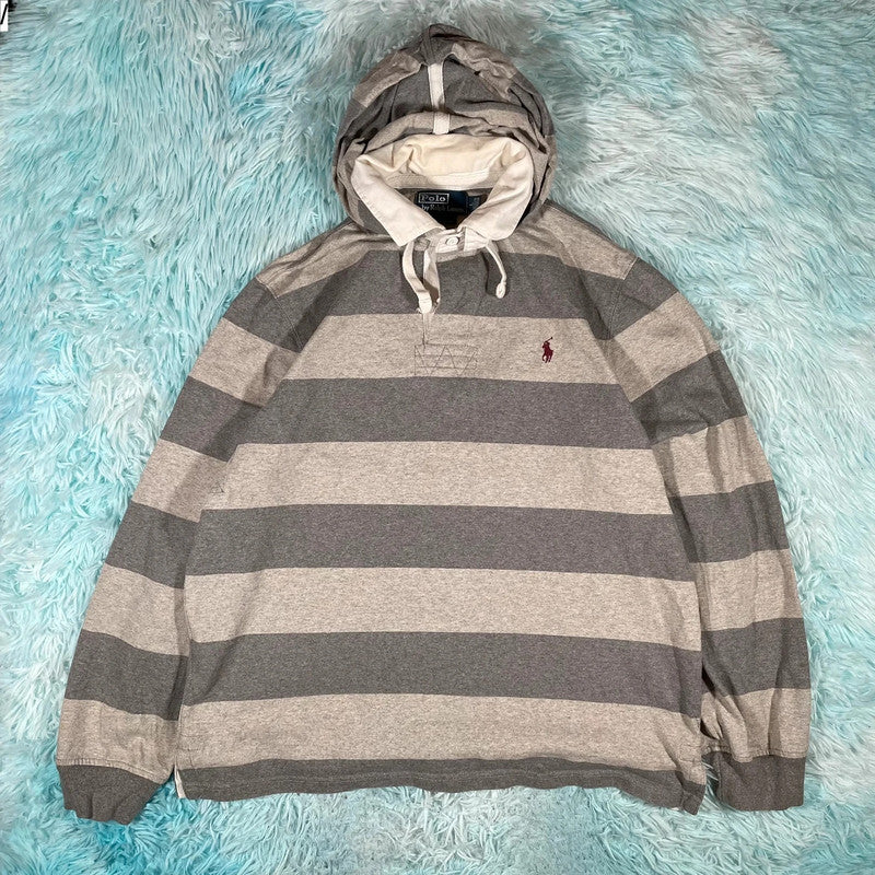 Vintage Grey Striped Polo Ralph Lauren Hooded Rugby Shirt - Large