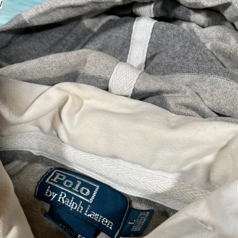 Vintage Grey Striped Polo Ralph Lauren Hooded Rugby Shirt - Large