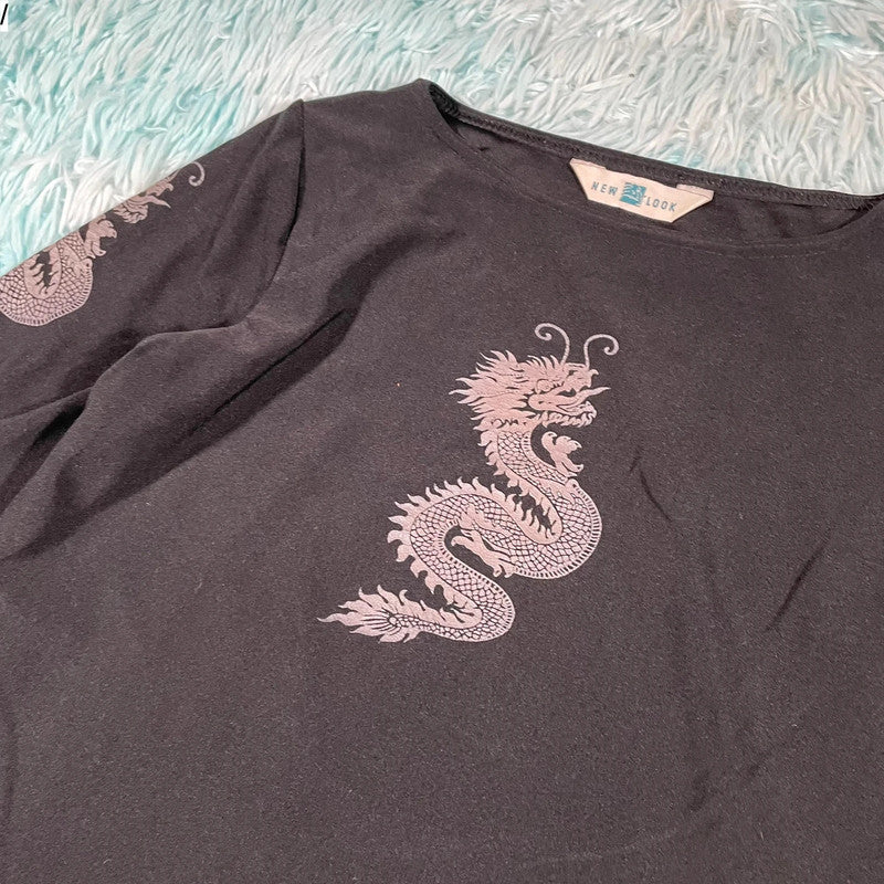 Vintage Y2K Black Dragon Print Top New Look - Size 14