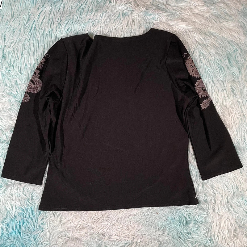 Vintage Y2K Black Dragon Print Top New Look - Size 14