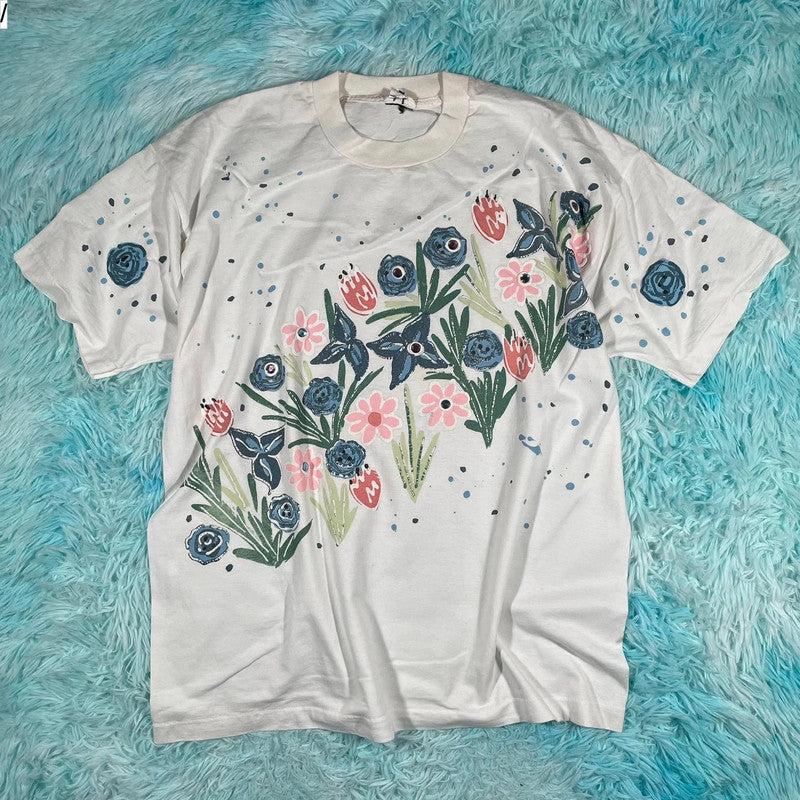 Vintage 80s White Floral Graphic T Shirt - Large