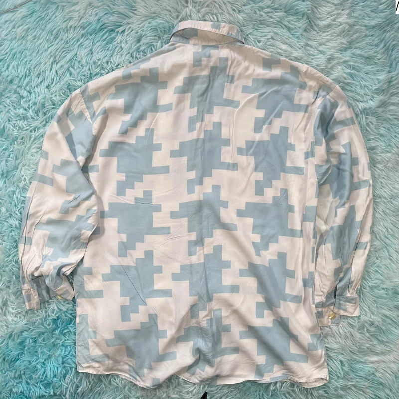 Vintage 90s Blue & White Dogtooth Funky Silk Shirt - XL