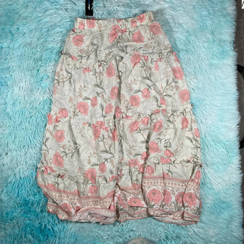 Vintage Pink & Cream Floral Circle Skirt - Small