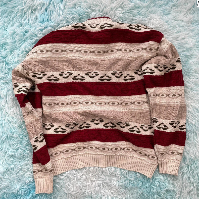 Vintage 90s Cream & Red Knitted Cardigan - Medium