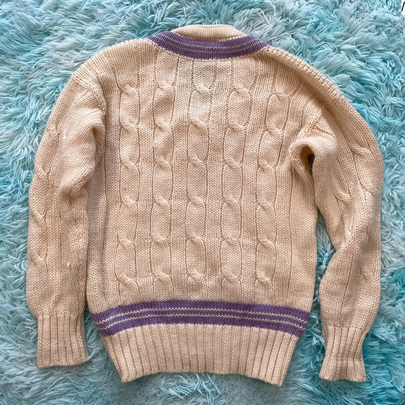 Vintage 90s Cream V Neck Cricket Jumper - Small