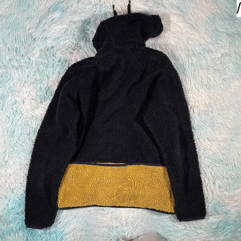 Navy & Yellow Folk Sherpa Fleece Hoodie - XS