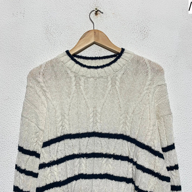 Cream & Navy Striped Gant Knitted Jumper Linen Blend - Large