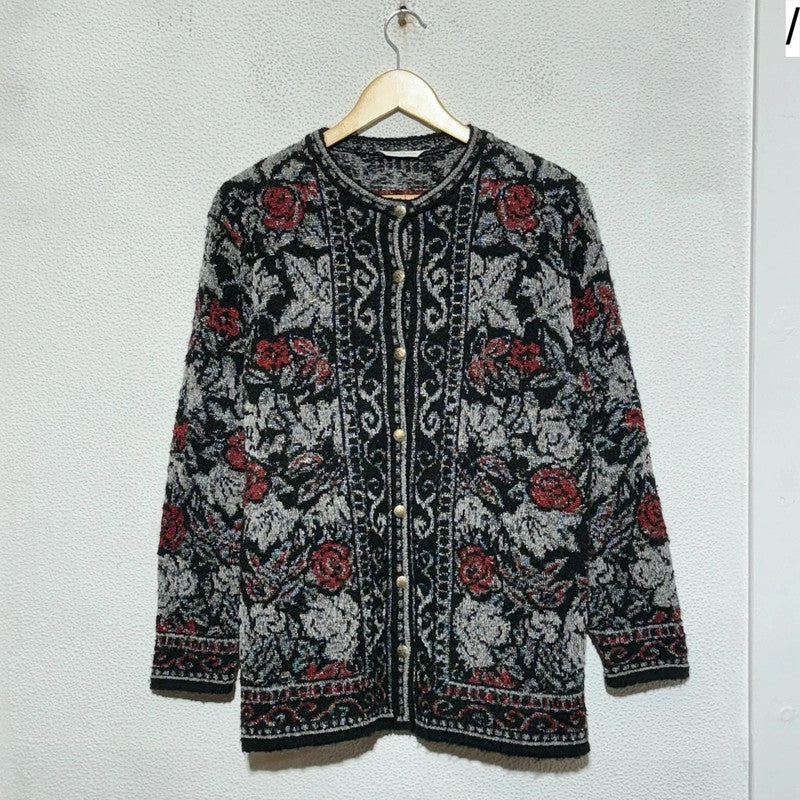 Vintage 80s Black Floral Patterned Knitted Cardigan