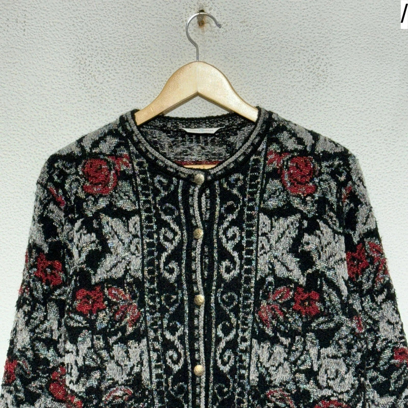 Vintage 80s Black Floral Patterned Knitted Cardigan
