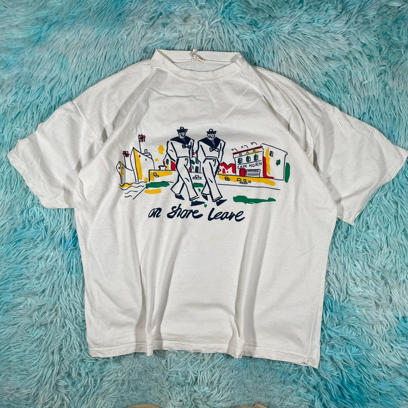 Vintage 90s White Sailor Graphic Print T Shirt - Large