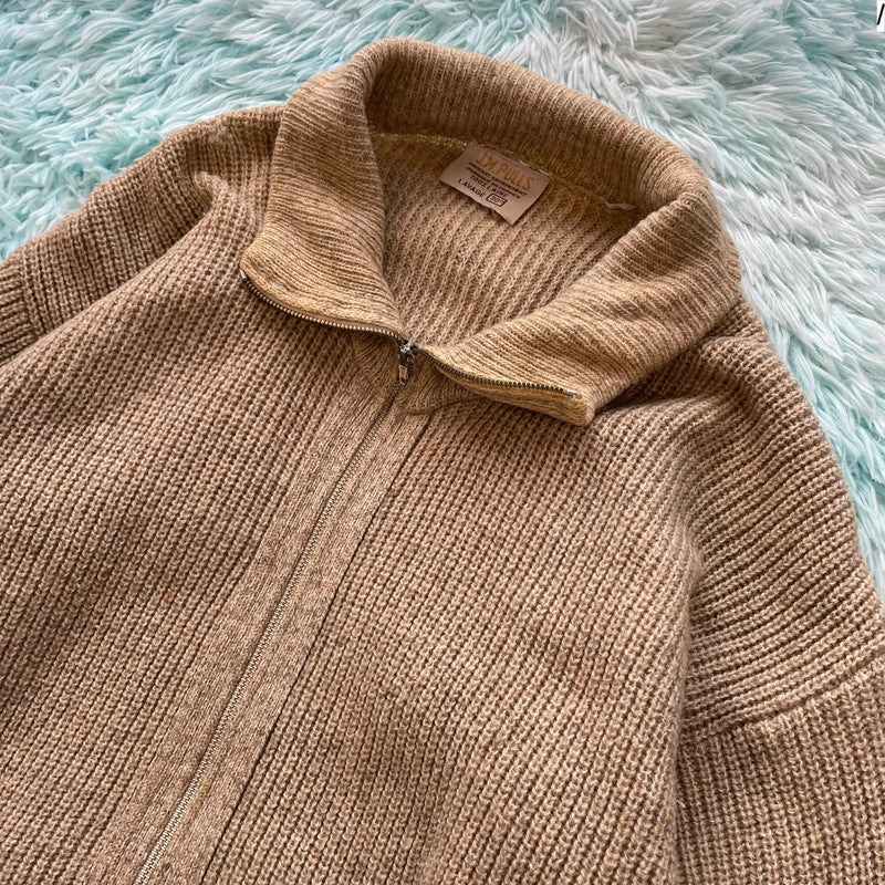 Vintage 90s Beige Heavyweight Full Zip Knitted Jumper Wool France - Medium