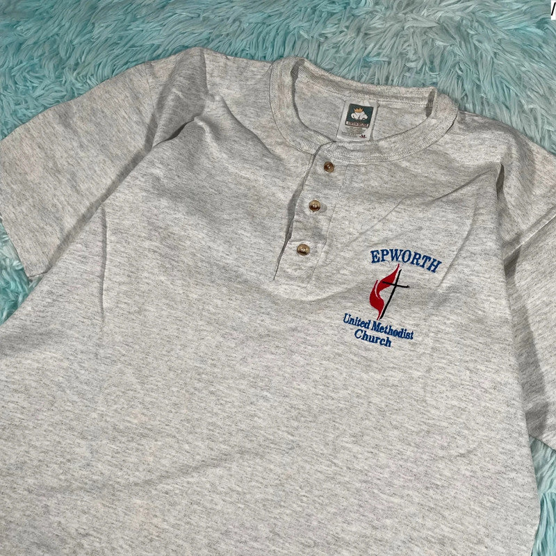 Vintage 90s Grey Henley T Shirt Methodist Church - Medium