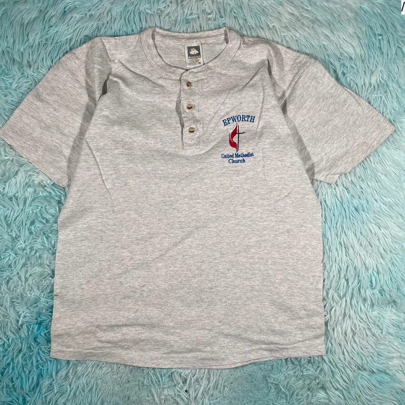 Vintage 90s Grey Henley T Shirt Methodist Church - Medium