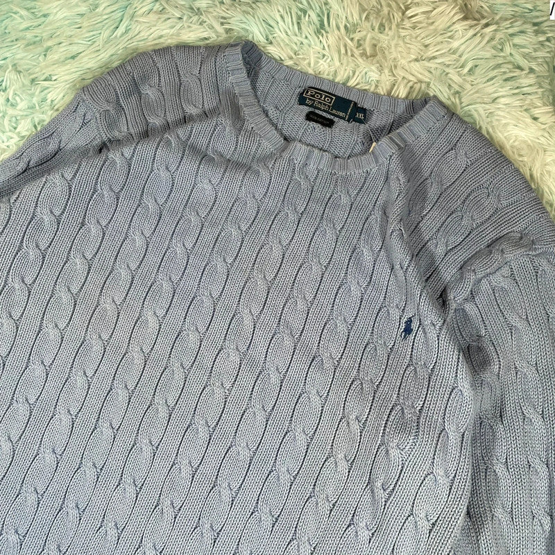 Vintage Baby Blue Polo Ralph Lauren Cable Knit Jumper - XXL