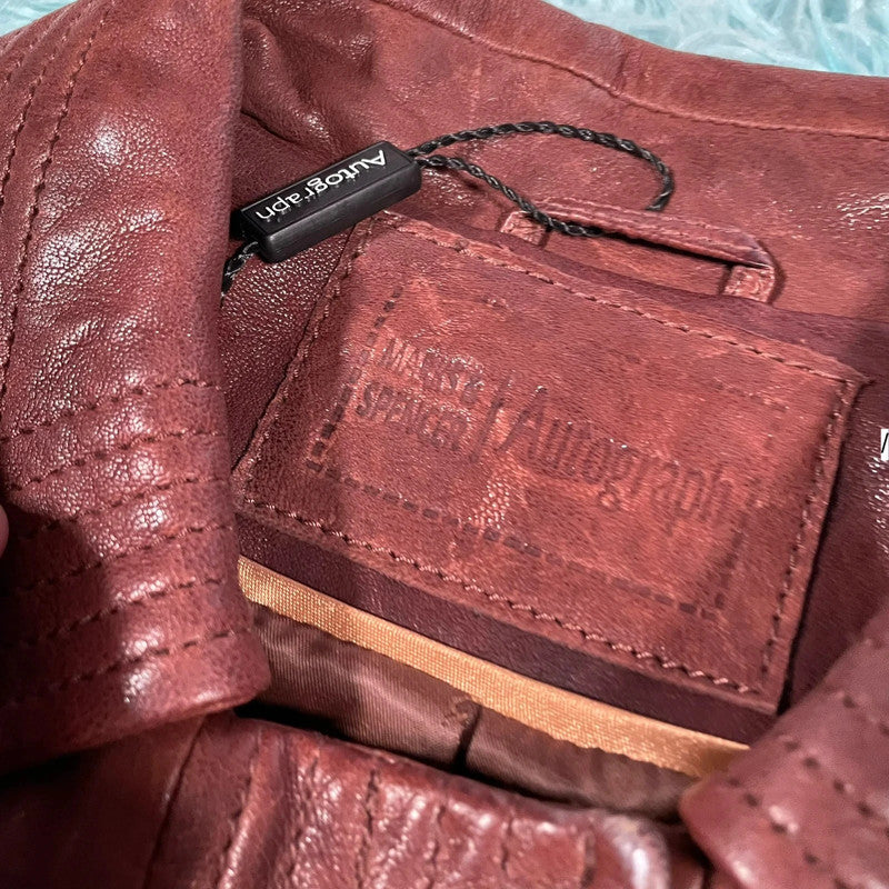 Vintage Y2K Red M&S Leather Jacket Belted - UK10