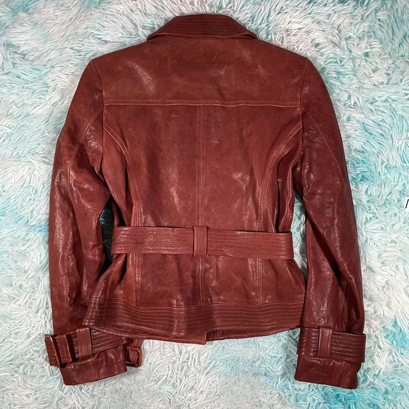 Vintage Y2K Red M&S Leather Jacket Belted - UK10