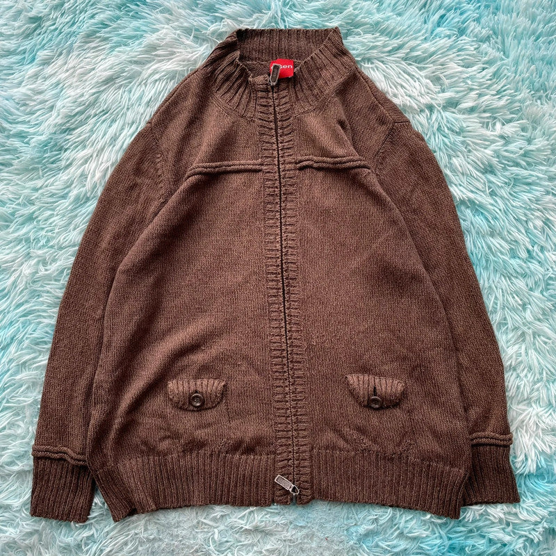 Vintage 00s Brown Olsen Knitted Jumper Full Zip - Medium