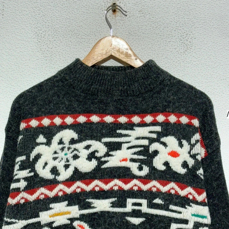 Vintage 90s Grey Patterned Knitted Jumper - Medium