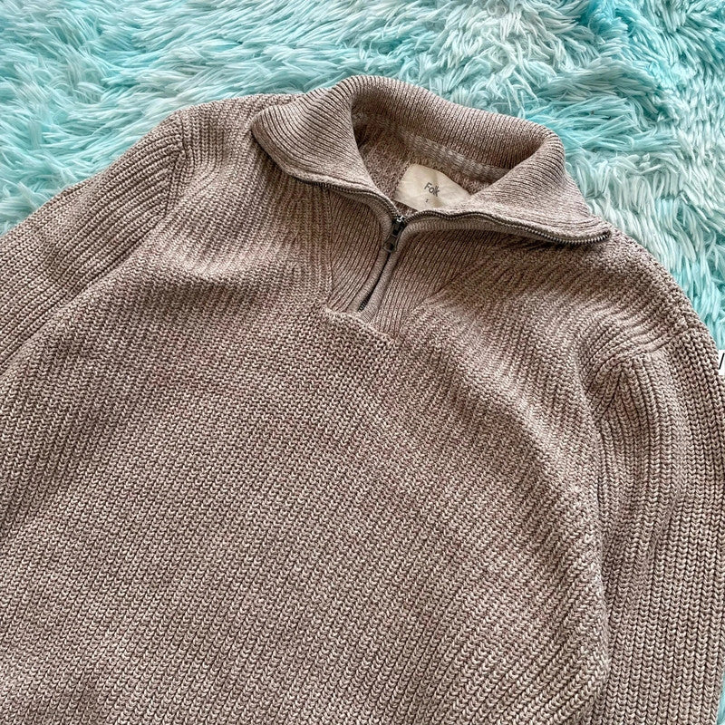 Beige Folk Knitted 1/4 Zip Jumper - XL