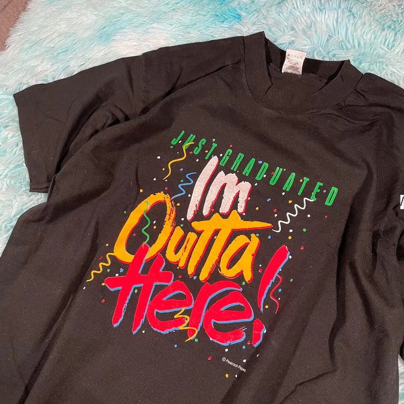 Vintage 90s Black Graduation Print T Shirt - Large