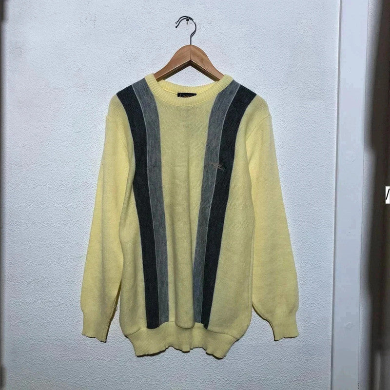 Vintage 80s Yellow Striped Grunge Patterned Knitted Jumper - Large