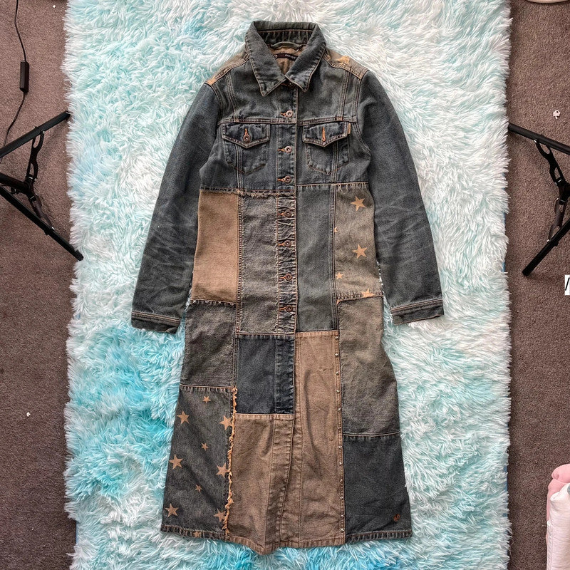 Vintage 90s Patterned Denim Trench Coat - Size 8