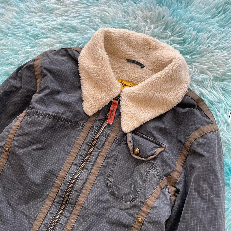 Vintage Y2K Grey Pepe Jeans Sherpa Fleece Jacket - Medium