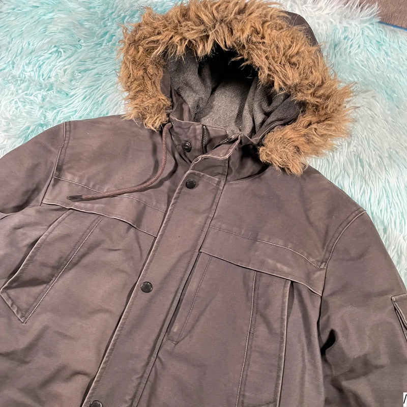 Grey Quiksilver Coat Jacket Fur Hood - medium