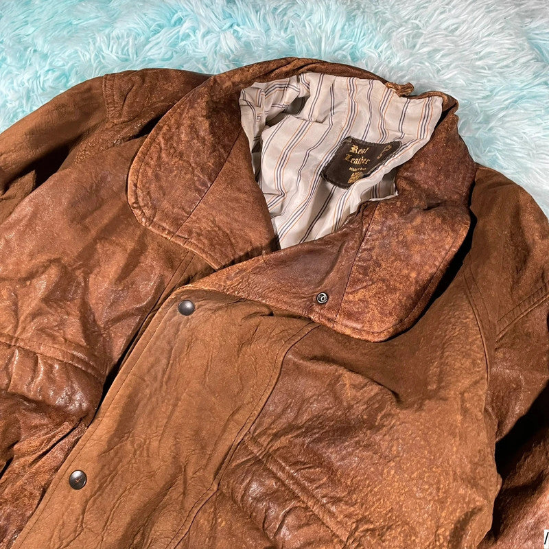 Vintage 90s Brown Leather Bomber Jacket - Medium