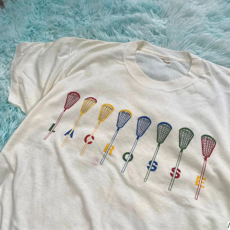 Vintage 80s White lacrosse Print T Shirt - Large