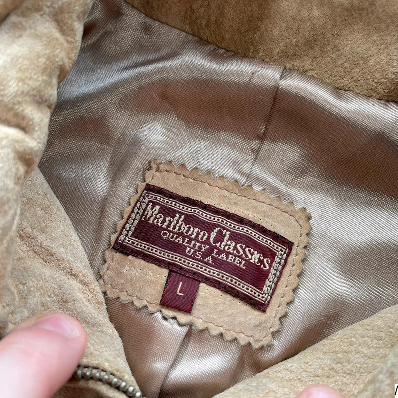 Vintage Beige Marlboro Classics Suede Leather Jacket - Large