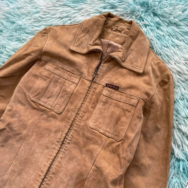 Vintage Beige Marlboro Classics Suede Leather Jacket - Large