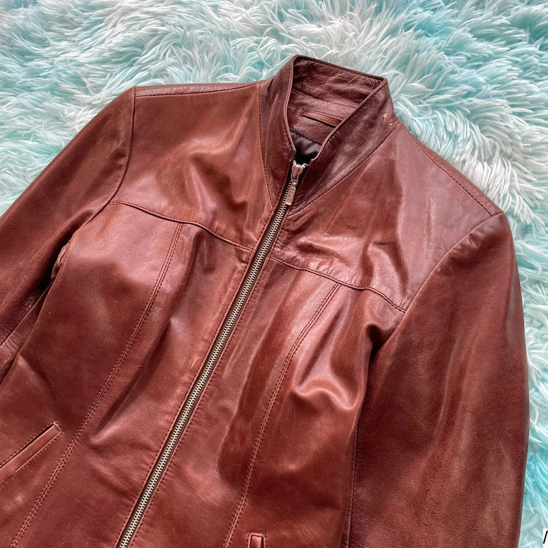 Vintage 00s Brown Leather jacket Fitted - Small